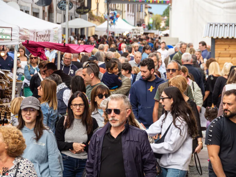 La folla tra le casette dei mercatini nelle vie del borgo